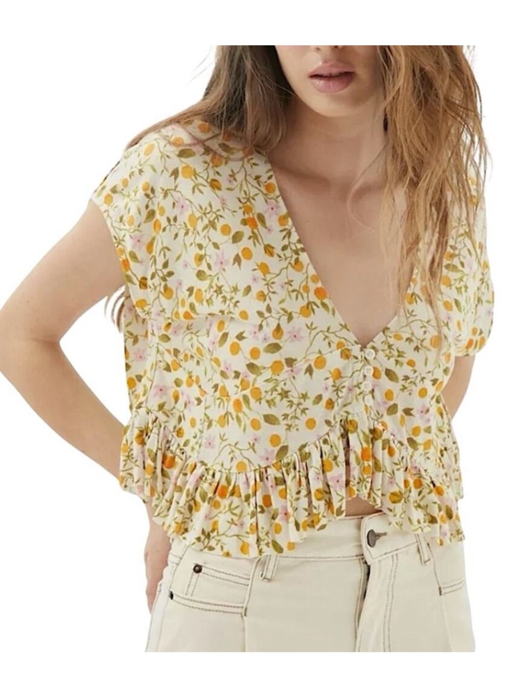 Urban Outfitters Peplum Cropped Oranges And Blossoms Top⁠ NWT SZ Large